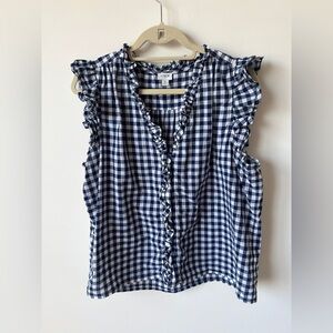 J.Crew Factory Navy Gingham Ruffle Sleeve Cotton Blouse Size XL